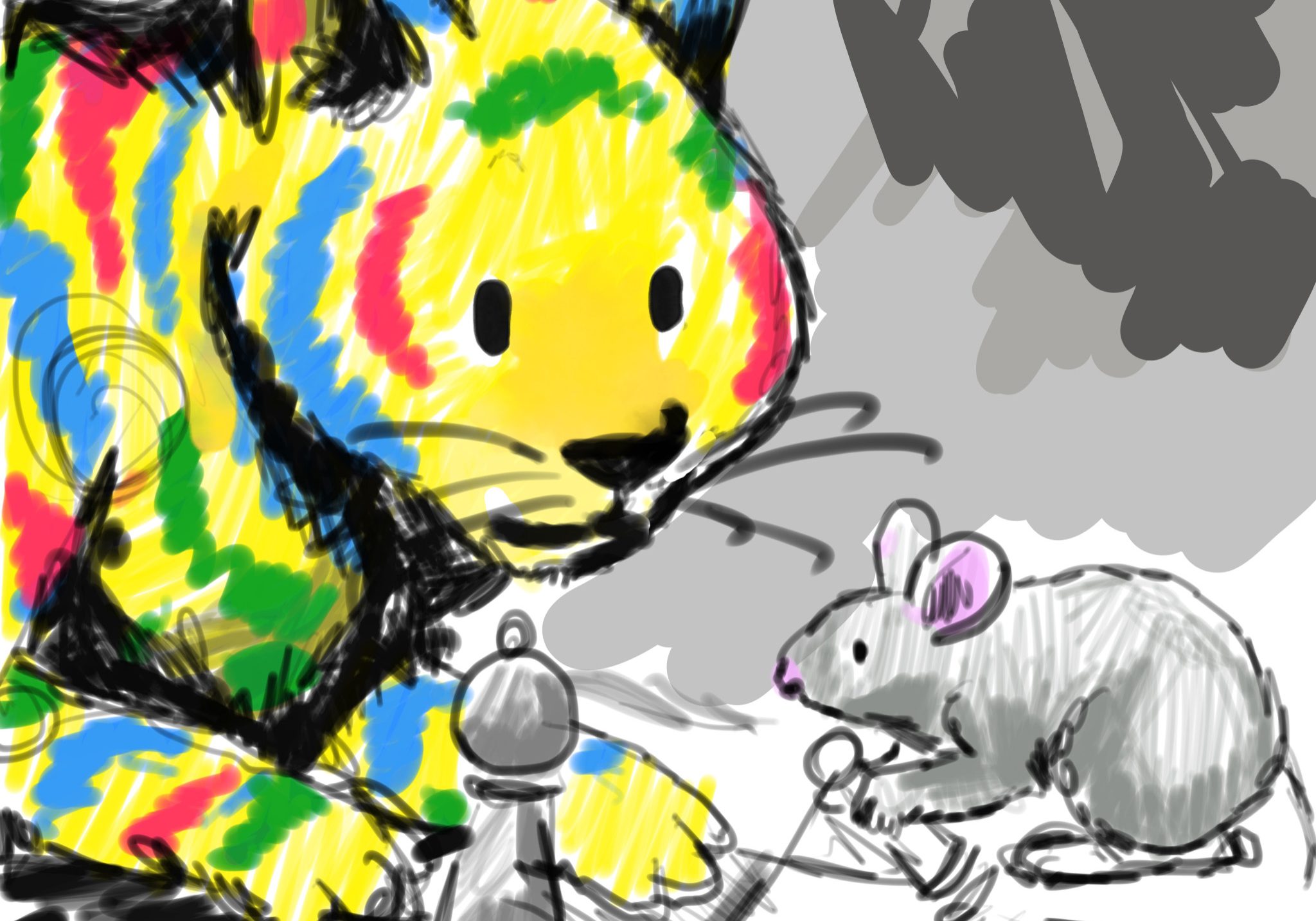 A colorful, cartoon-style cat and a small mouse are playfully engaged in a game of chess on a checkerboard. The cat, with its vibrant multicolored coat, looks almost like its dreaming up black hat SEO techniques, while the mouse holds a chess piece against the simple gray backdrop.